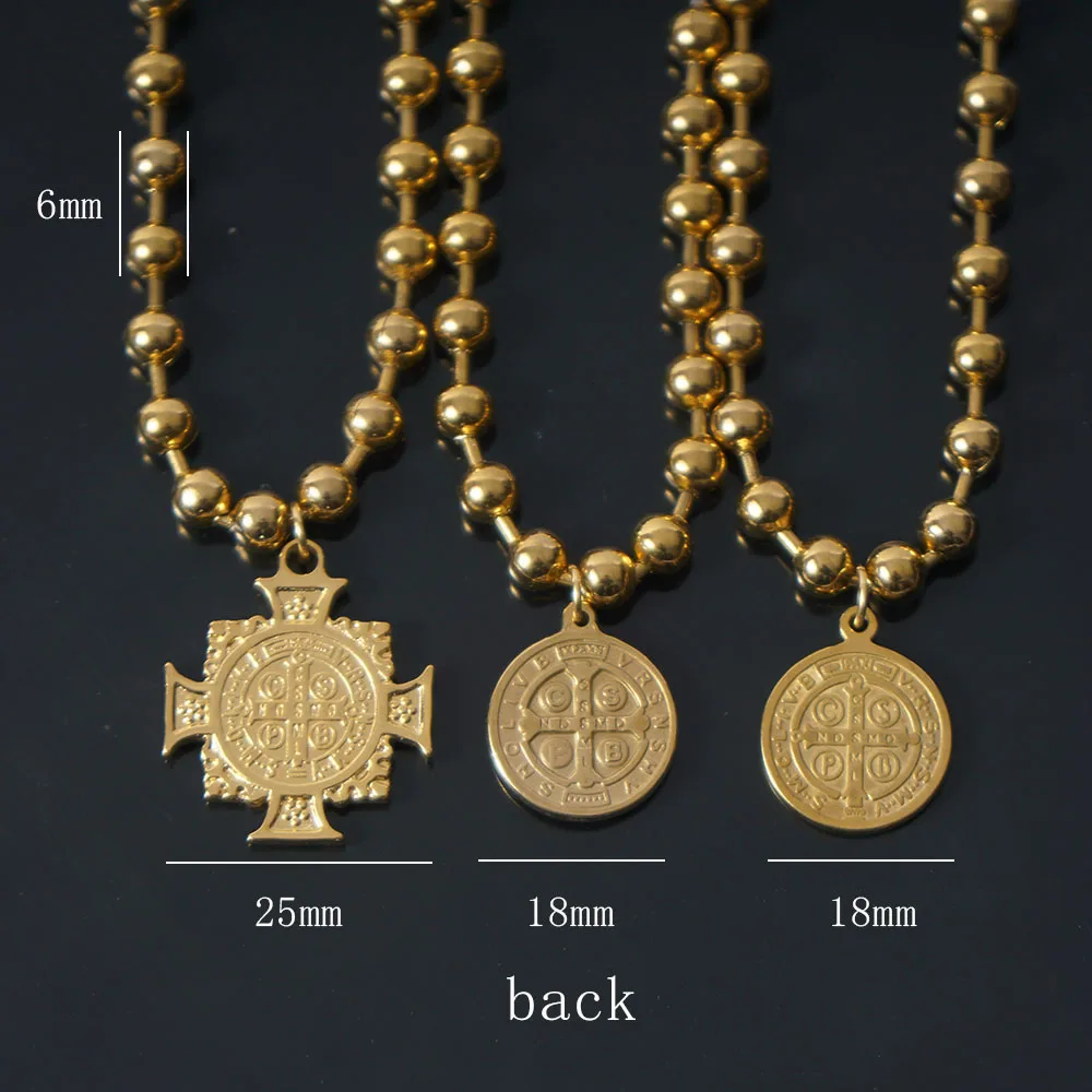 Stainless Steel San Benito Cross Necklaces For Women 6mm Ball Bead Chain Choker Metal St Benito Medal Collier Femme