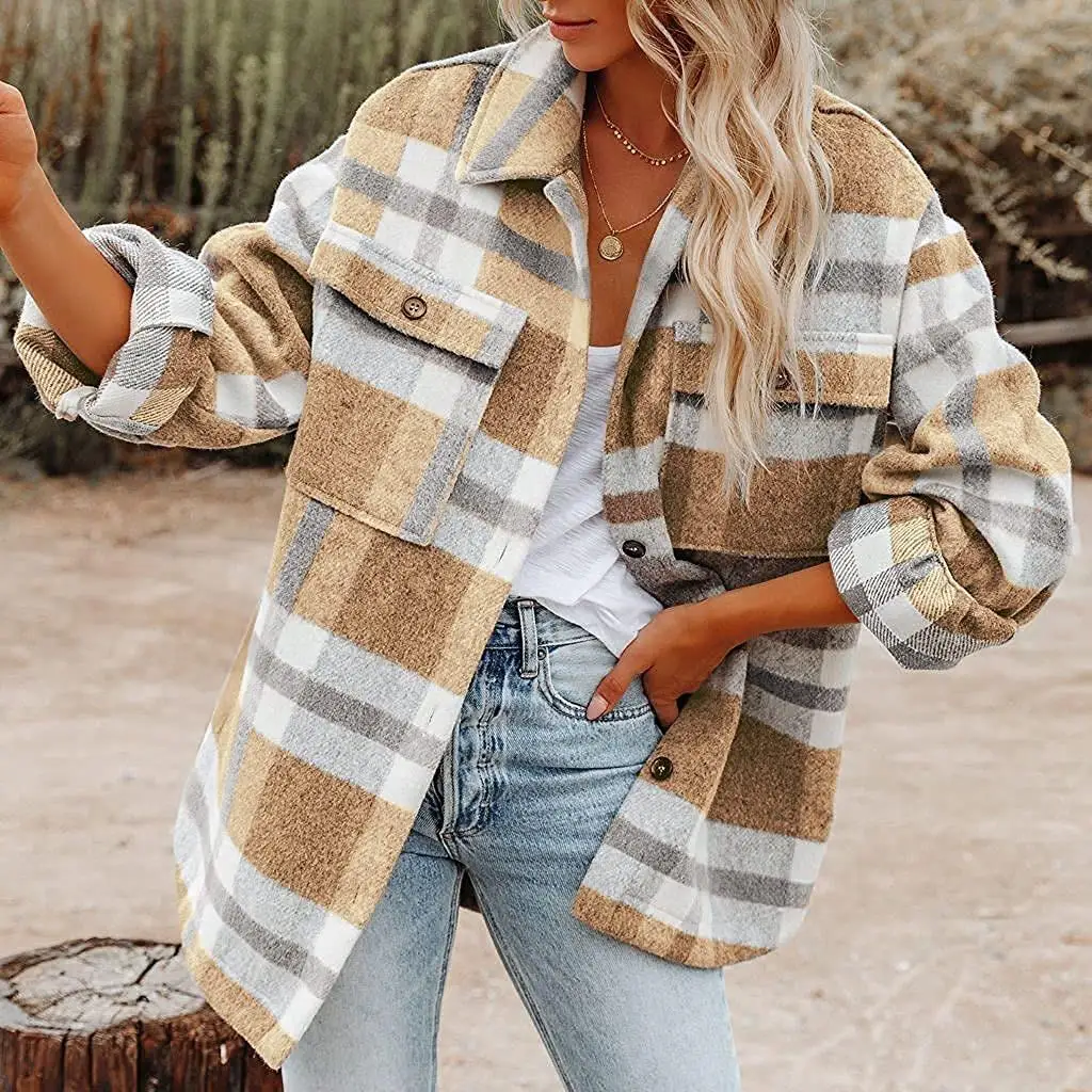 

Autumn Winter Plaid Buttoned Velvet Woolen irt Coat Women's Cleanfit Sle Long Sve Thin PU Material Non-deformable