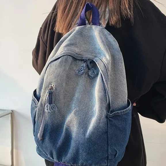 Women's Vintage Washed Denim Backpack, Gradient/black Casual Daypack with Frayed Zipper, Large Capacity Student School Bag