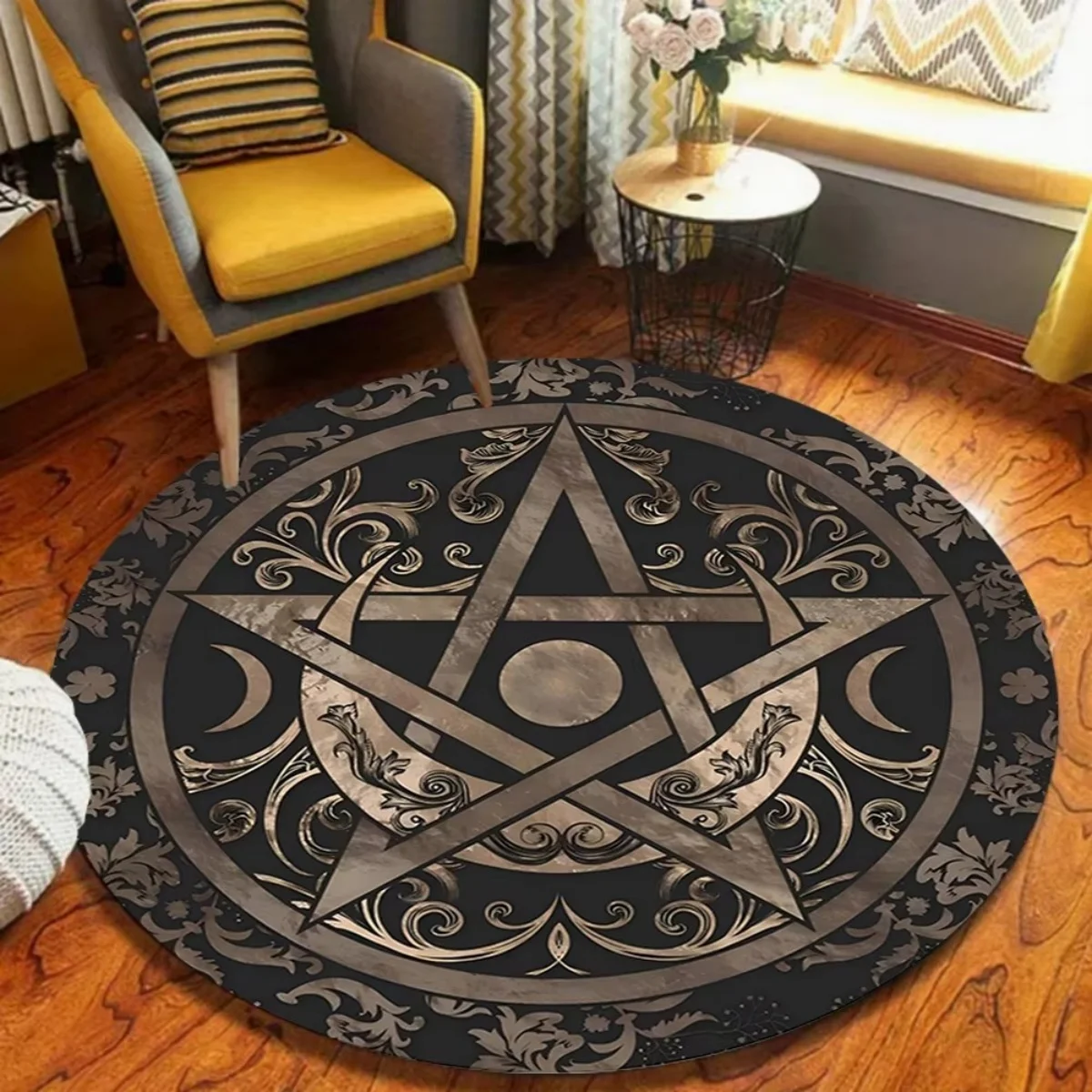Pentagram Round Area Rug Red Black Mystic Symbol Circle Floor Mat Gothic Style Living Room Home Decor
