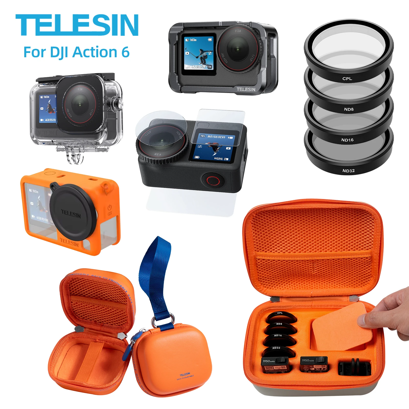 TELESIN For DJI OSMO Action 6 Silicone Protective Case Tempered Film Screen Protector Waterproof Case Action Camera Storage Bag