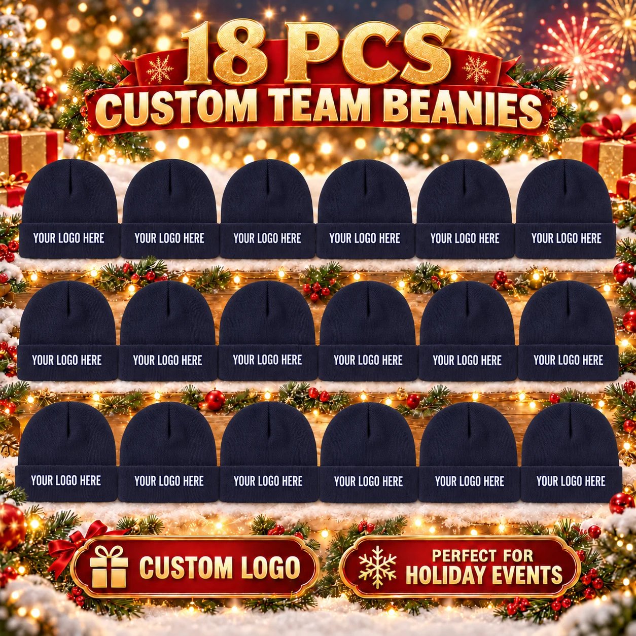 18 custom team beanies featuring personalized logos and a cuffed, knitted design—perfect for Christmas holiday events and group
