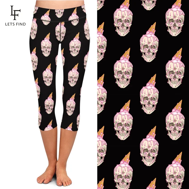 LETSFIND Legging Kapri Motif Digital Tengkorak dan Es Krim 3D Baru Musim Panas Legging Hitam Wanita Seksi Pinggang Tinggi