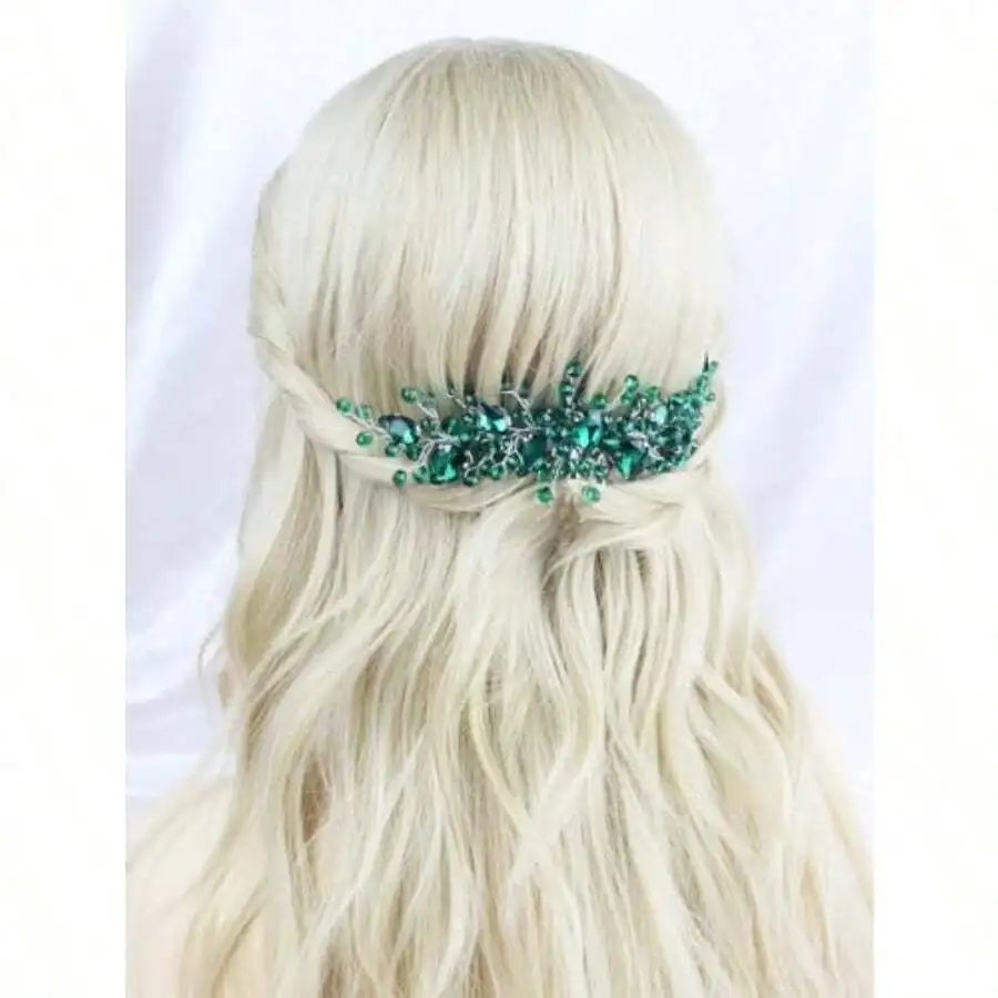 Green Rhinestone Bridal Hair Comb For Women Wedding Party Prom Accessory