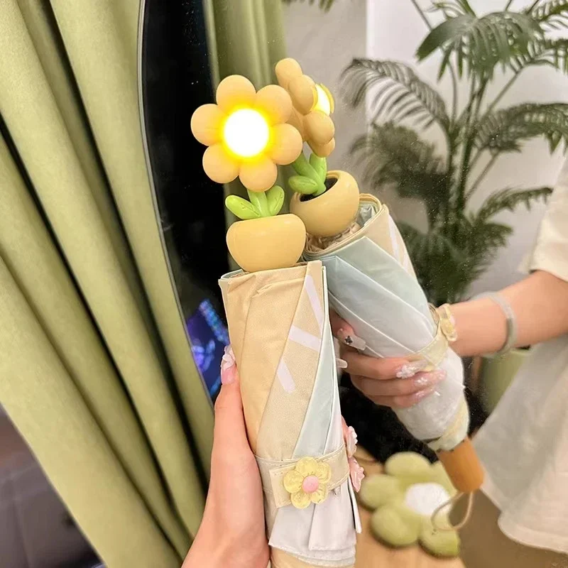 LED Flower Automatic Folding Umbrella Auto Open Close Light Up Sun Rain Protection for Teen Girls Night Travel Daily Use LED 우산