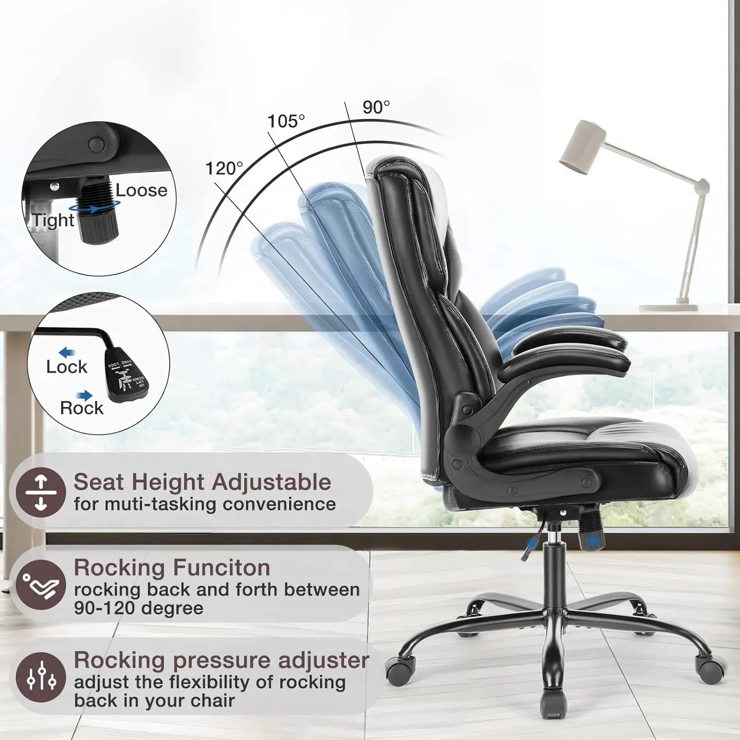 Olixis Home Office Stuhl-großer und hoher Stuhl für das Büro, ergonomischer Schreibtischs tuhl mit hoher Rückenlehne, hoch klappbare Armlehnen aus PU-Leder