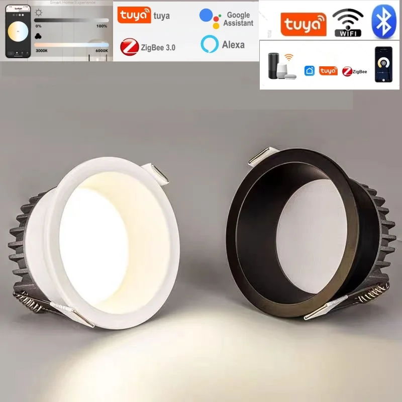 

Tuya Bluetooth/Zigbee3.0 Smart Recessed LED Grille Light Dimmable Black/White Aluminum Downlight AC7W/12W/20W/24W COB Spot Light
