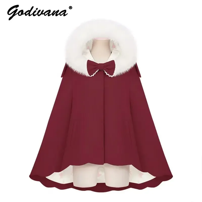 Lolita Sweet Cute Rabbit Ear Removable Fur Collar Petal Cotton-padded Woolen Cloak Autumn Winter Women's Poncho Cape Jacket Coat