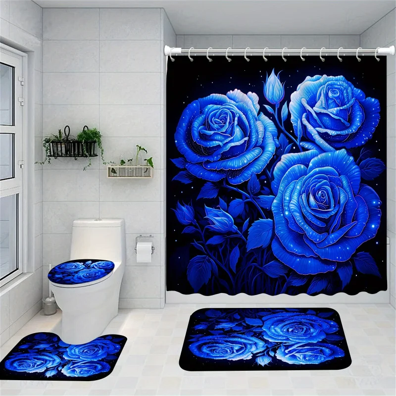 1/4pcs Waterproof Polyester Fabric Elegant Blue Rose Shower Curtain Set, Romantic Floral Bathroom Sets with 12 Hooks and Rugs