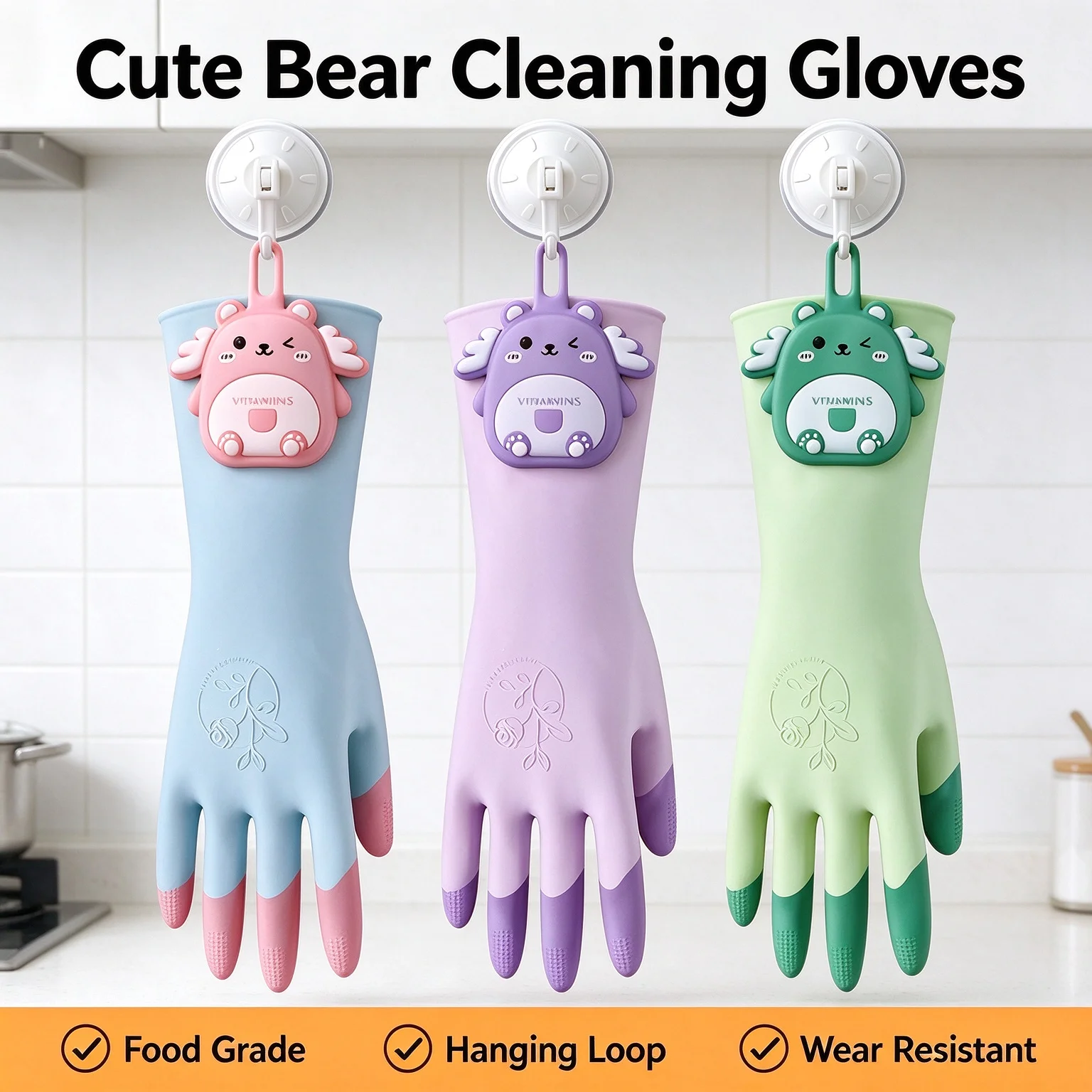 Cute Bear Latex Dishwashing Gloves with Hanging Loop, Food Grade Household Cleaning Gloves, Reusable Kitchen Washing Gloves