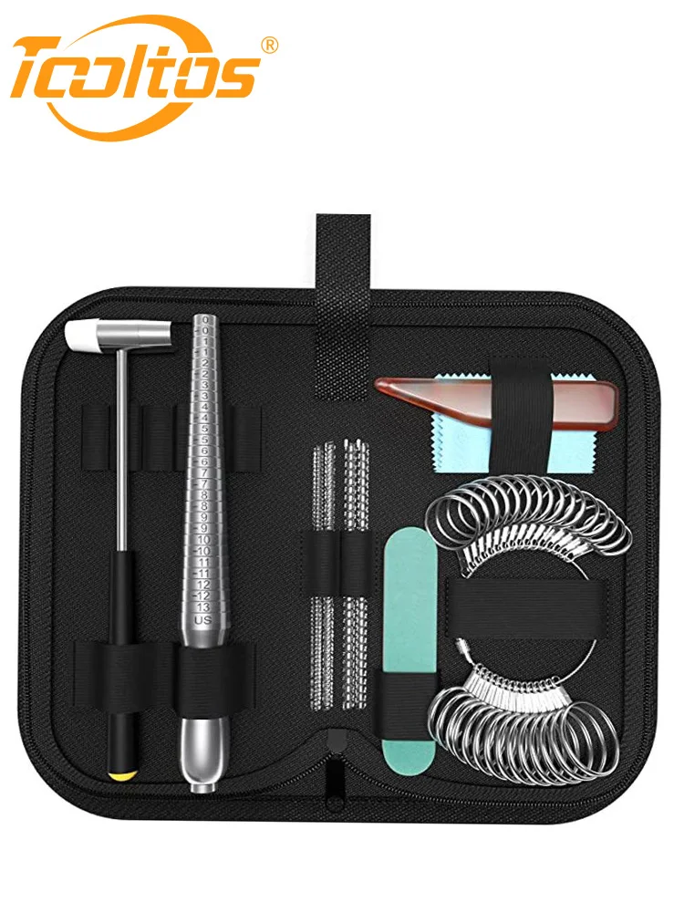 

Набор инструментов для определения размера колец TOOLTOS, 11 предметов, с молотком-дюбельцем и инструментами для полировки, портативный кейс для ремонта и определения размера колец