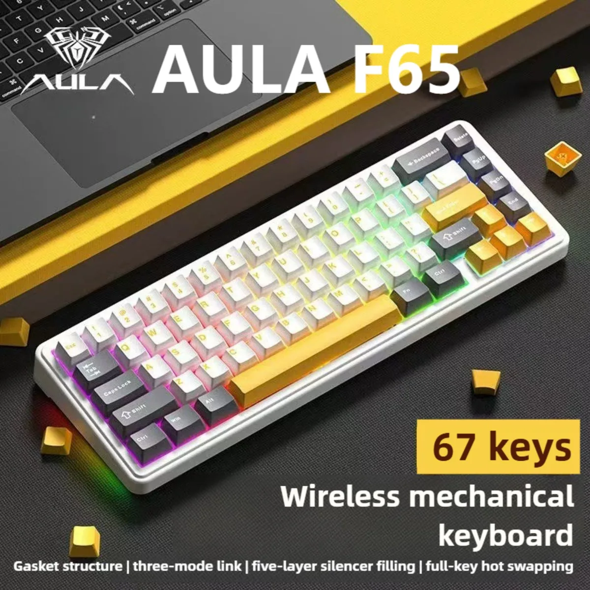 AULA F65 Gaming Keyboard Three Mode Custom Wireless/Bluetooth/Wired Connection Full Key Hot-swapable Esports RGB Keyboards