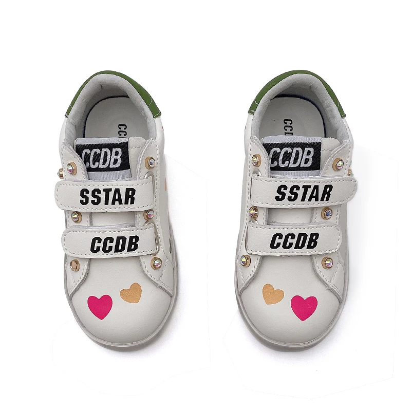 Girls Star Boy Sneakers Leather Distressed Trainers Handmade Diamonds Babys\' Iridescent Heart Leather Laminated CCDB Causal Shoe