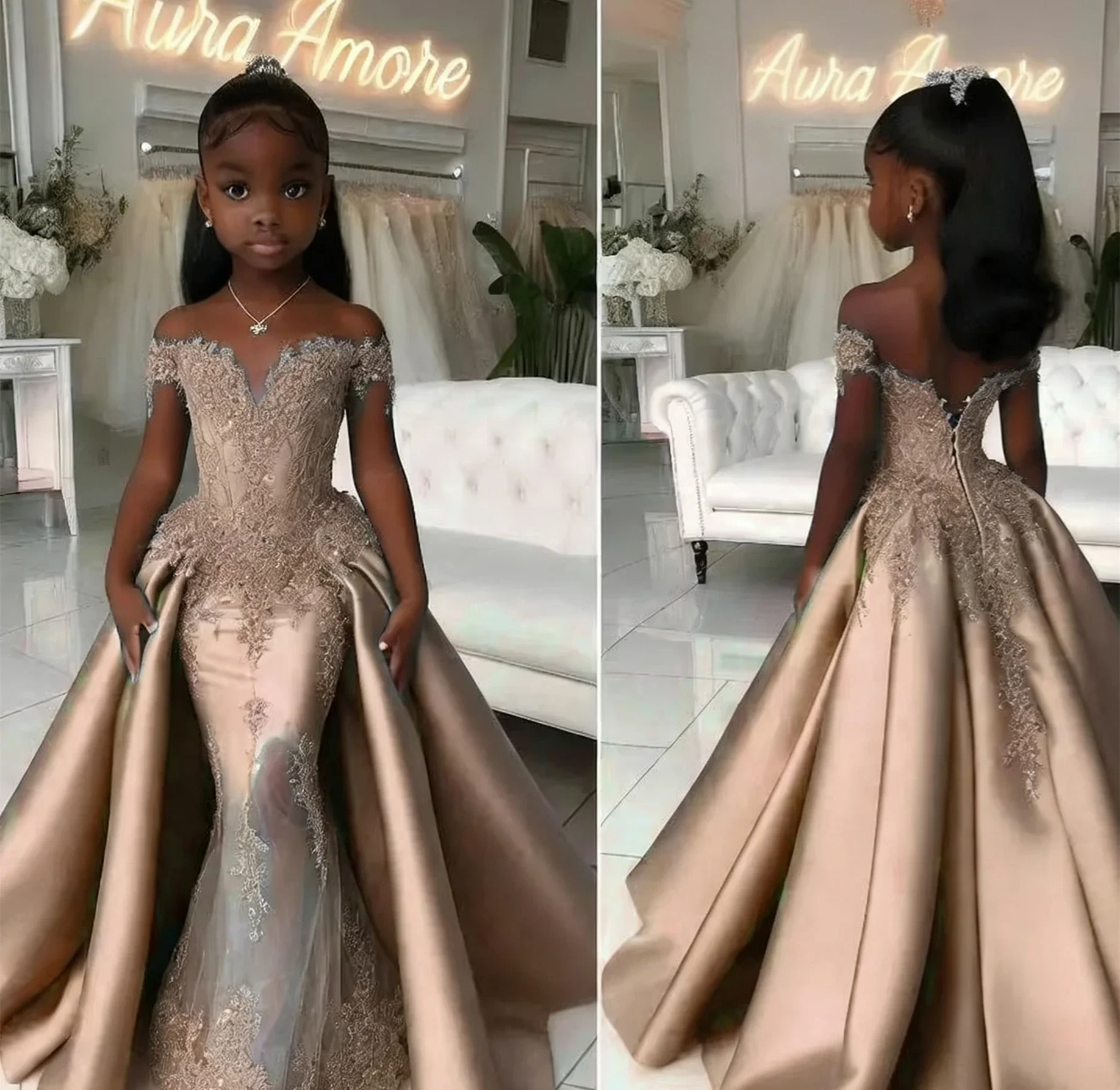 Vestido de niña de las flores personalizado, vestido de novia, vestido de fiesta de cumpleaños, vestido de princesa de satén con encaje, hombros descubiertos, estilo sirena con cola para niñas pequeñas
