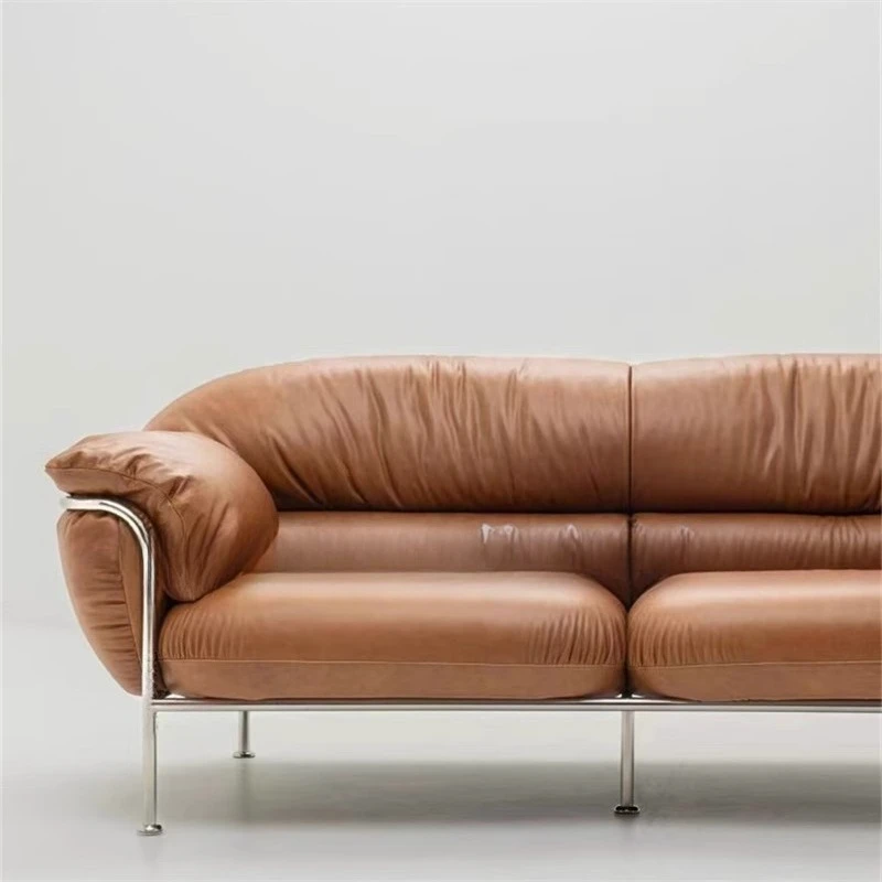 Retro oil wax straight row sofa, living room small apartment, medieval stainless steel leather sofa