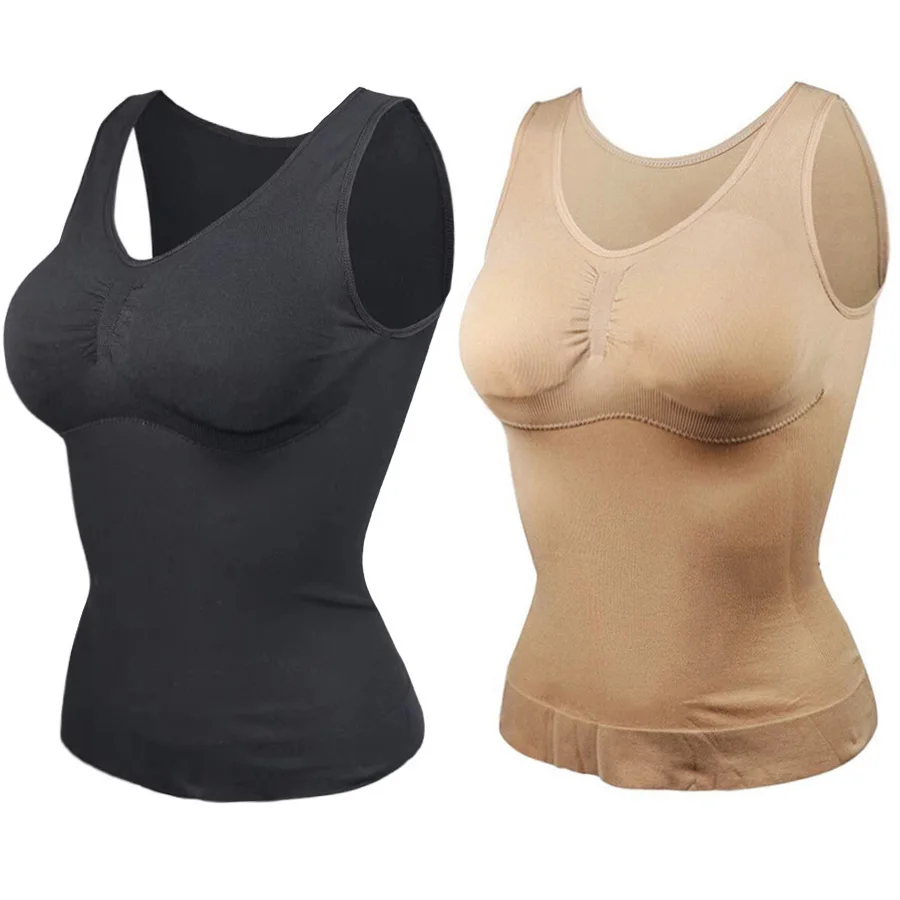 ผู้หญิง Tummy Control Shapewear คลาสสิก 2-IN-1 พร้อมเบาะ Bra เสื้อกั๊กยืดหยุ่นสูง Body Shaper Slim Up Lift Corset Cami Tank Tops