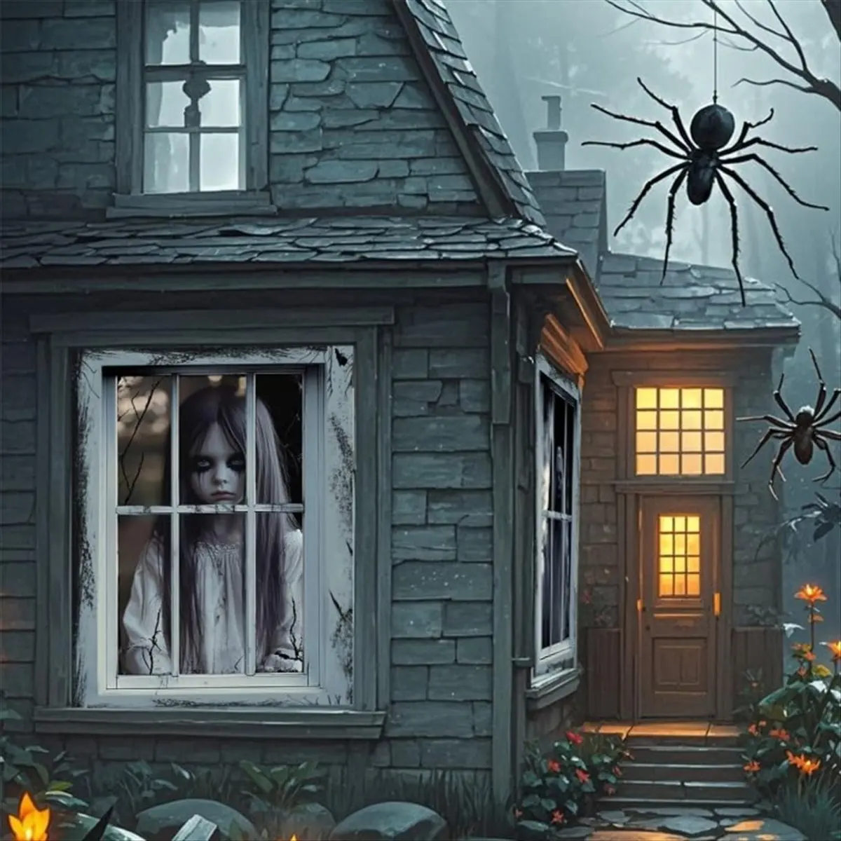 Paquete de 2 decoraciones para ventanas de Halloween, fantasma femenino, ventana de Halloween, conjunto de cortina de muñeca fantasma femenina de terror