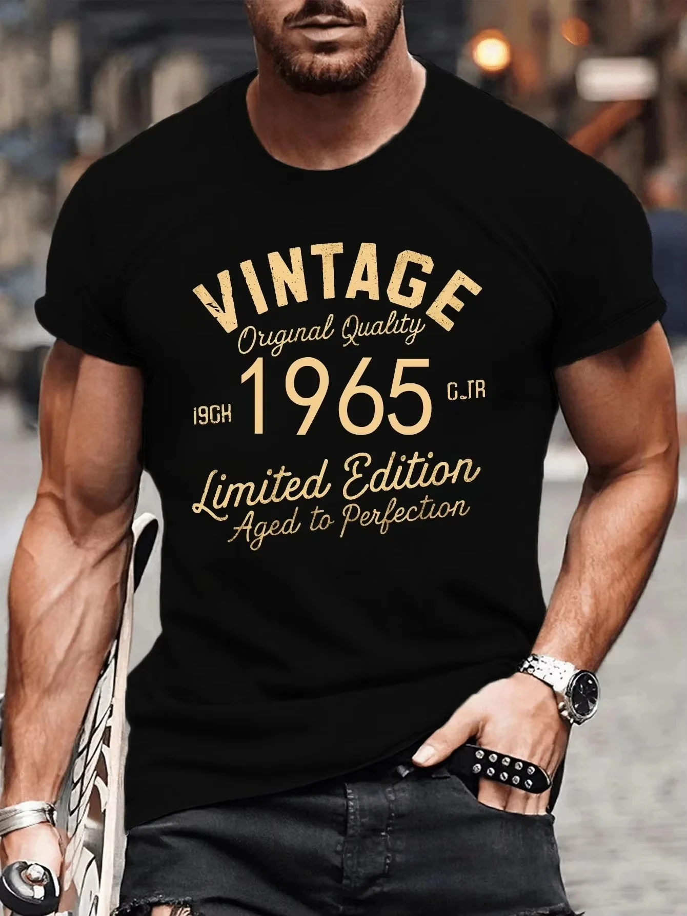 American Men's Summer Personalized Retro Letter 1965 Printed Micro Elastic Breathable Round Neck T-Shirt Outdoor Casual Top