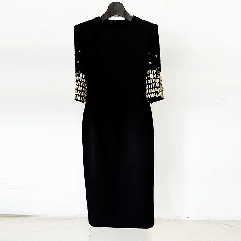 Women's One-step Skirt Autumn Winter Star Fashion Heavy Industry Nail Bead Studded Diamond Five Quarter Sleeve Mid Length Dress