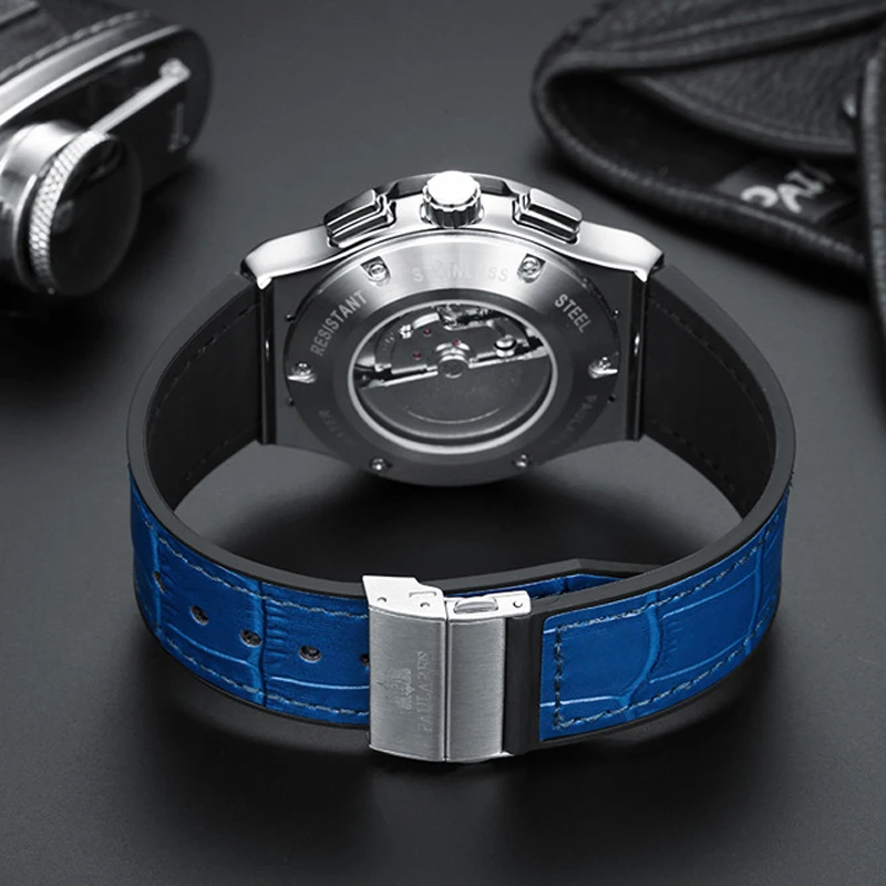 PAULAREIS P العلامة التجارية الجديدة ساعة رجالي ريترو موضة ساعة ميكانيكية الرجال الفاخرة حزام من الجلد مقاوم للماء تاريخ ساعة أوتوماتيكية الذكور