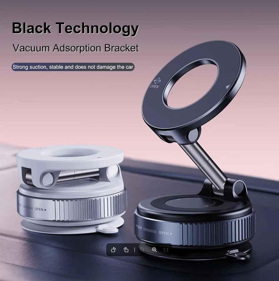Strong Magnetic Car Phone Holder Foldable Design 360° Adjustable Vacuum Mount for Car/Desk/Bathroom/Universal Use