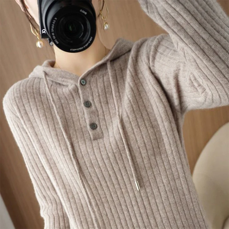 Spring Autumn Women\'s Solid Loose Casual Sweater Hoodies Female Elegant Simple Pullover Top All-match Knitting Jumper Outwear