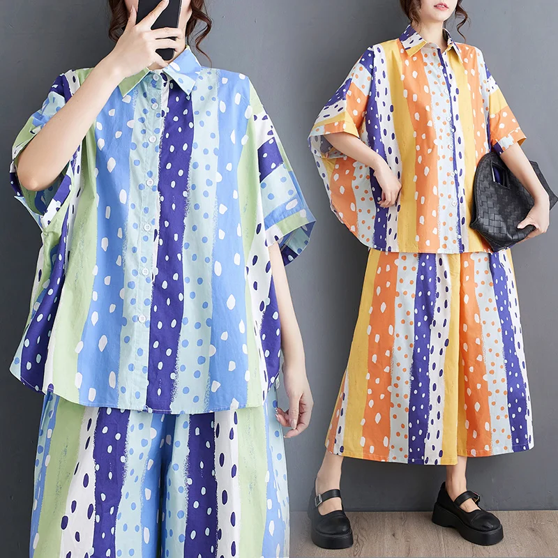 

Летний новый комплект из двух предметов для женщин: свободная рубашка с коротким рукавом и принтом в горошек и широкие брюки с высокой талией, большие размеры, повседневный стиль.