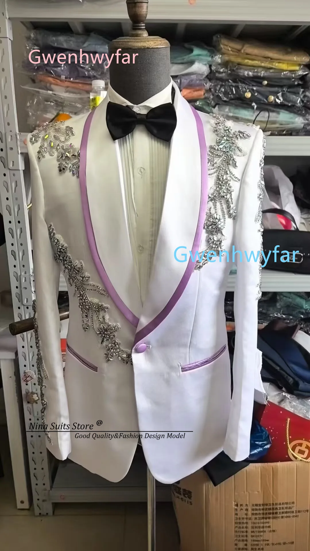 Gwenhwyfar 2026 Summer New Men's Luxury Ball Dress White Satin Suit and Pants Handmade Sewing Colorful Rhinestone Appliques view 3