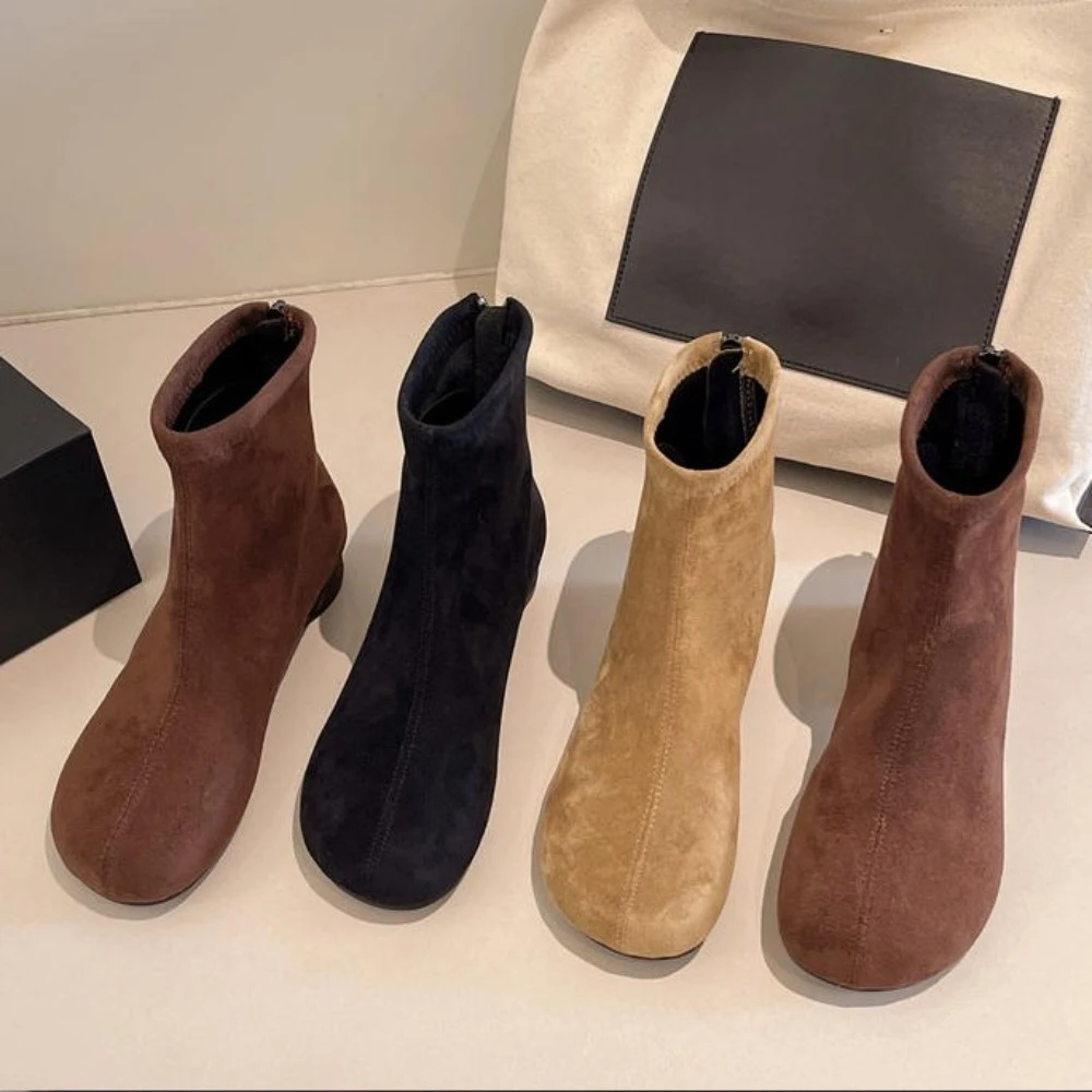 

Woman Ankle Boots 2026 Autumn Winter Round Toe Mid Heel Flock Suede Black Brown Comfortable Booties Lady Shoes Big Size 35-42