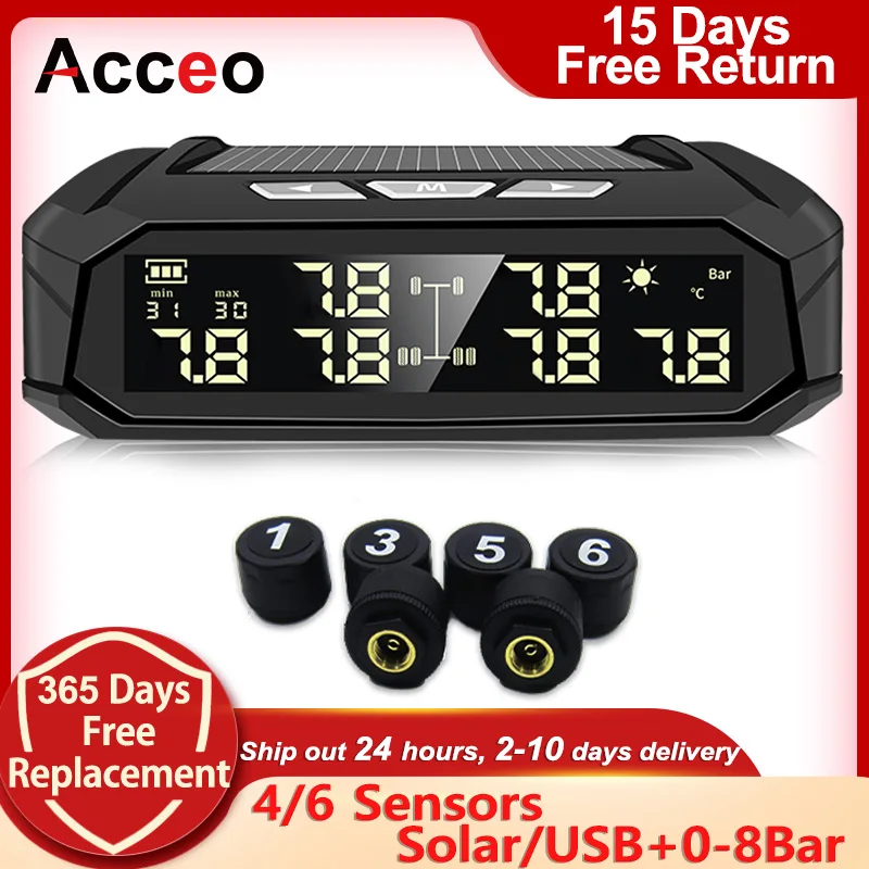 Acceo K11 Car TPMS Tyre Pressure Monitoring System Solar Power Digital LCD Display Auto Security Alarm Systems With 4/6 Sensors