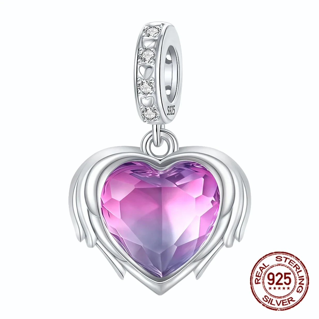 

925 Sterling Silver Purple Gradient Heart-shaped Zircon Pandent Charm Fit 4MM Hole Diameter Bracelet DIY Bead Ms Jewelry Gift