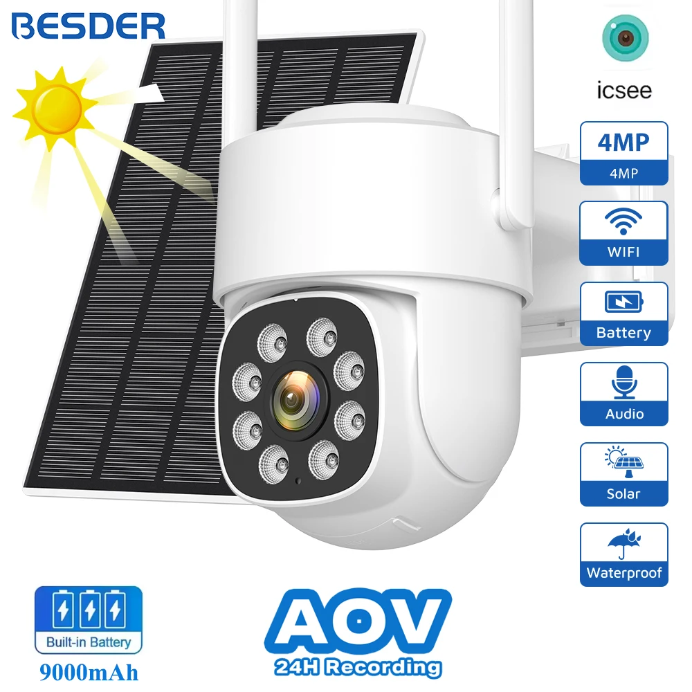 BESDER 4MP AOV Wifi Solar Camera Outdoor Color Night Vision Human Detect IP Cam with Solar Panel 9000mAh Recharge Battery iCSee