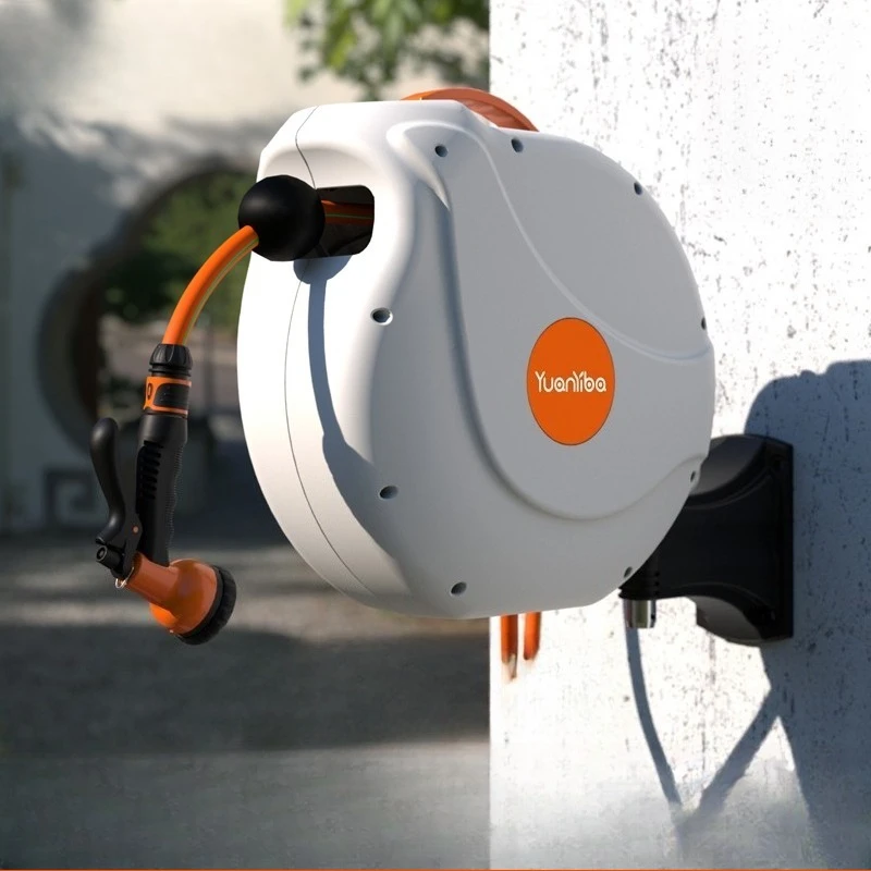 2025Automatic Rewind Wall Mounted Water Hose With Sprayer Nozzle Swivel Bracket Slow Retraction Retractable Garden Hose Reel