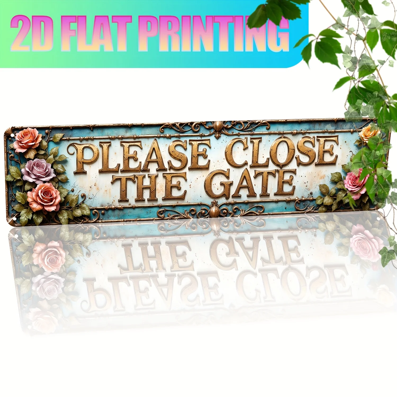 Letrero de metal vintage con la frase 'Please Close The Gate', arte de pared de metal con estampado plano 2D de rosas florales retro, placa decorativa rústica para jardín y patio