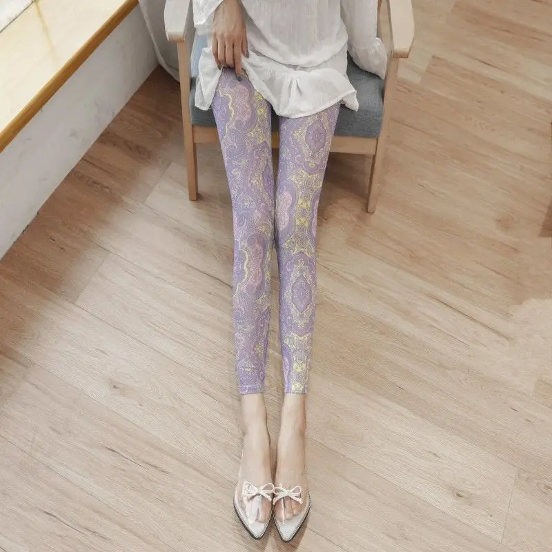 

High Waist Mesh Print Women's Elastic Waist Sun Protection Pants Slim Fit Nine Point Pants Summer Loose Waist Base Layer Pants
