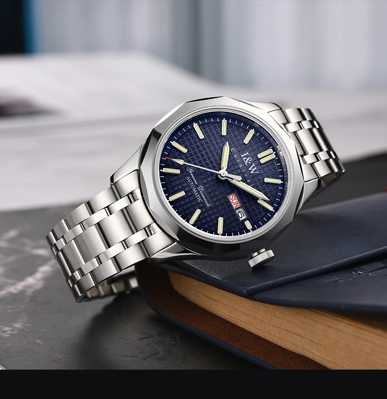 

I&W Мужские автоматические часы Роскошные часы Механические наручные часы 100 м Водонепроницаемые светящиеся сапфировые часы Военный вольфрамовый безель Дата недели