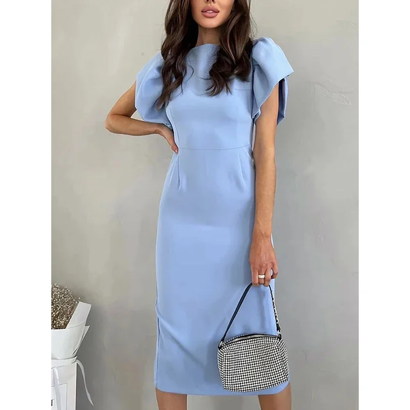 s8s9 أنيقة Bodycon فساتين متوسطة الطول للنساء الصيف عادية كشكش كم شق فستان مكتب موضة شيك الأزرق جديد في D ❤ 2025 ☆