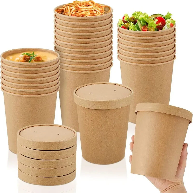 

25/50Pack Kraft Paper Food Containers with Lids Eco Friendly Disposable Paper Cups Perfect for Soup, Ice Cream