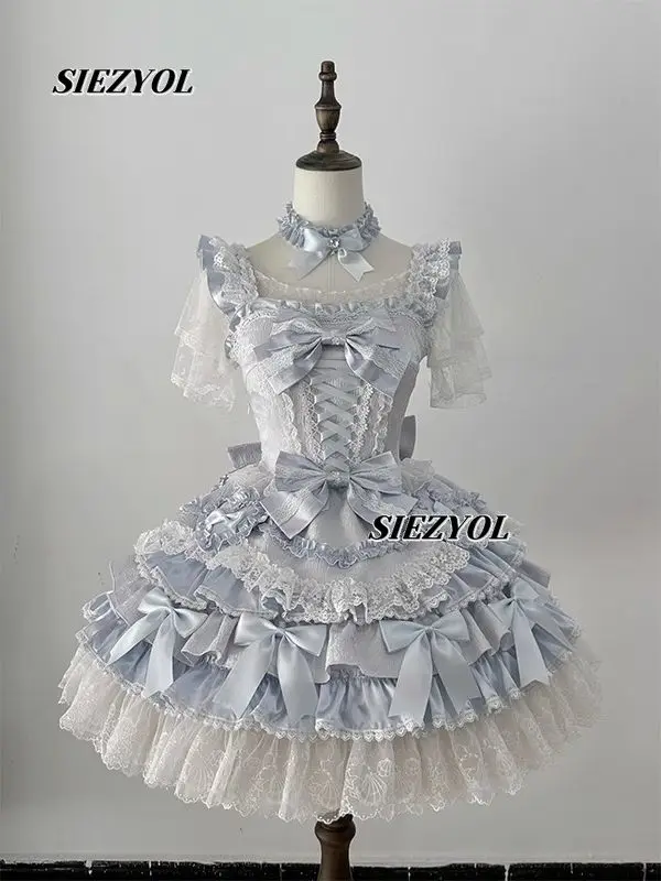 Blue Gentle Wind Cute Lolita Dress Sweet Girls Daily High Waist Bow Lace Birthday Party Princess Dresses and Inner Top