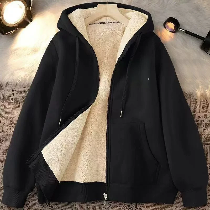 Thickened Fleece Women's Zipper Hooded Cardigan Sheepskin Jacket Warm Oversize Autumn Winter Fashion Outerwear Casual Sweatshirt