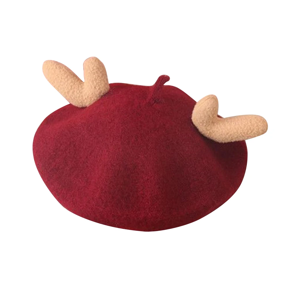 

Warm Wool Beret Hat Stylish Vintage Decorative Antlers Daily Casual Cap For Children Wine Red Lightweight Durable Gift