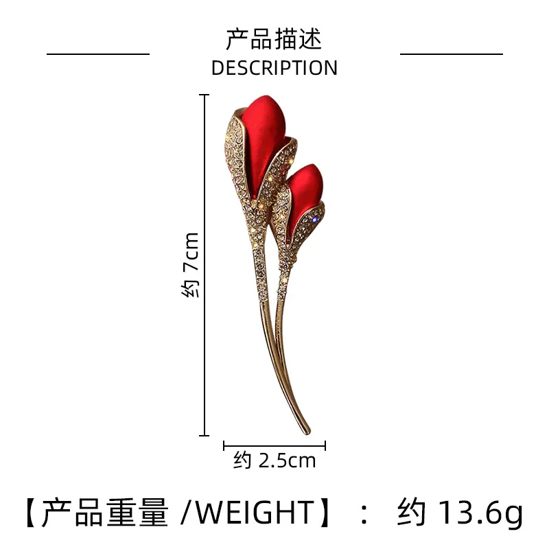 Crystal Red Color Two Tulip Flower Brooch for Women CZ Full of Rhinestone Leaf Shiny Lapel Pins Wedding Party Badge Jewelry