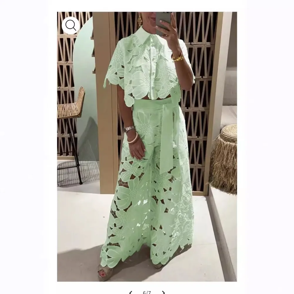 2025 European And American New Fashion Women's Lace Casual Two-Piece Set Summer Loose Shorts Top Outfit Vacation Beach Wear