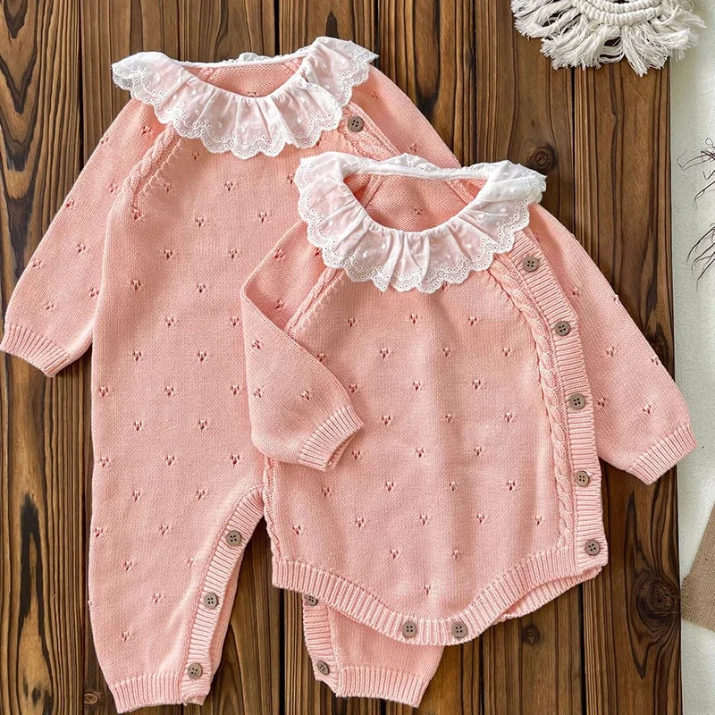 2024 New Autumn Infant Baby Knitted Romper Long Sleeved Solid Color Knitted Lace Splicing Korean Style Climbing Suit