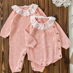 2024 New Autumn Baby Knitted Clothes Long Sleeved Solid Color Knitted Lace Splicing Bodysuits Infant Baby Girls Knitted Jumpsuit