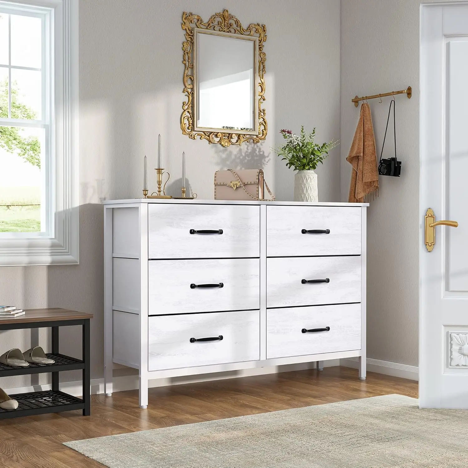 White Dresser with 6 Drawers, Wide Dresser for Bedroom and 50 Inch TV, with Metal Frame, Wood Top, Fabric Drawer Dresser