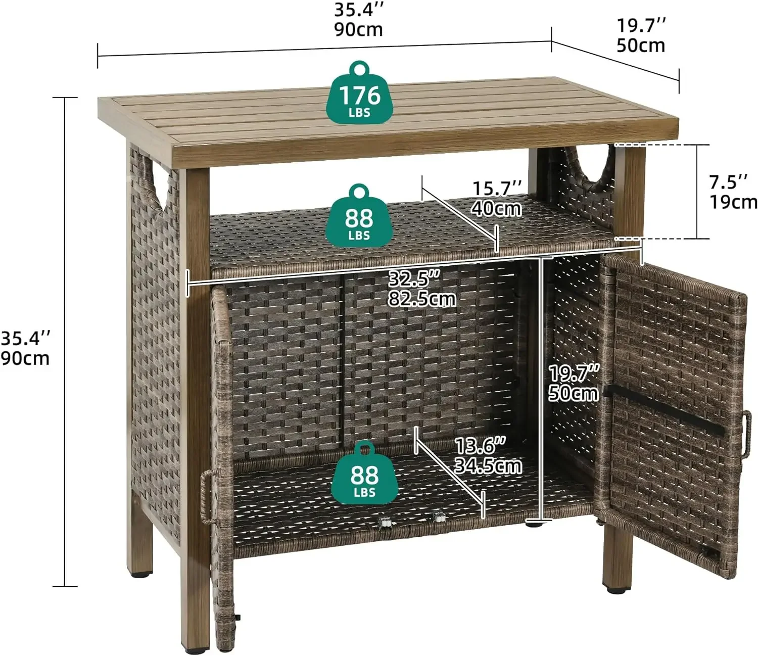 Outdoor Storage Cabinet, Patio Bar Table with Two Doors and Shelves, Weatherproof Wicker Storage Console Table