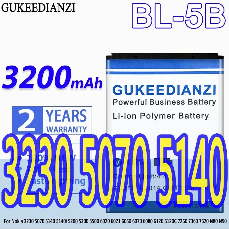 GUKEEDIANZI BL-5B 3200mAh BL5B BL 5B Battery For Nokia 3230 5070 5140 5140i 5200 5300 5500 6020 6021 6060 6070 6080 6120