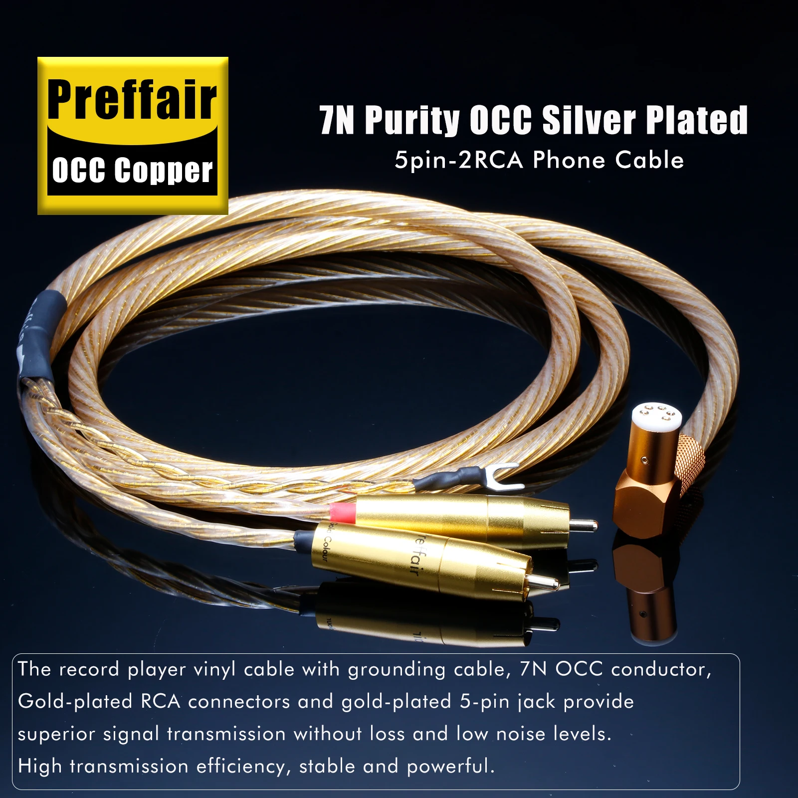5Pin Din to 2rca Phono Cable 8N OCC Silver Plated Record Vinyl Cable Gold Foil Braid with Y Spade Ground Wire LP Turntable  Cord