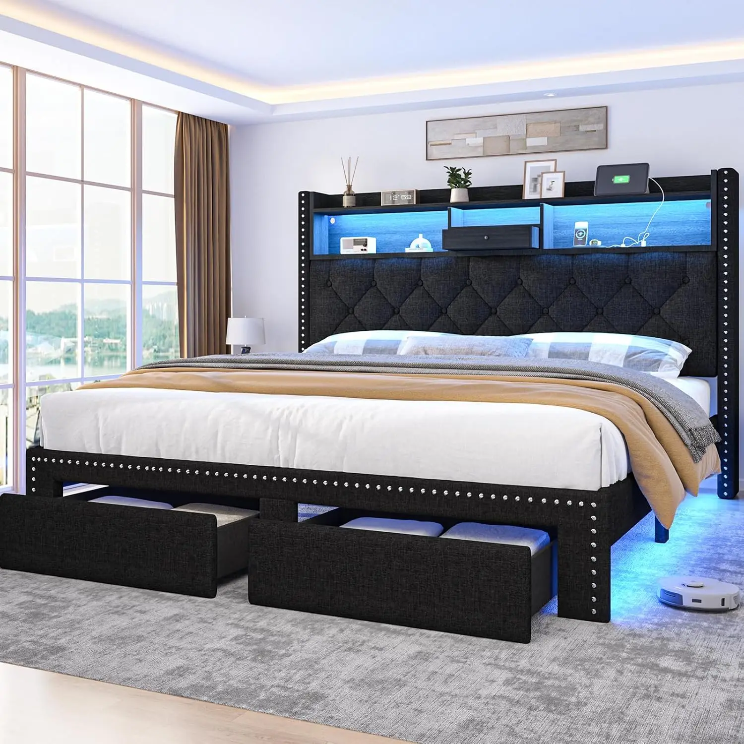 

Кровать-платформа Queen с мягкой обивкой, LED-подсветкой, зарядной станцией, 2 выдвижными ящиками, стальными ламелями, без пружинного блока, на заказ
